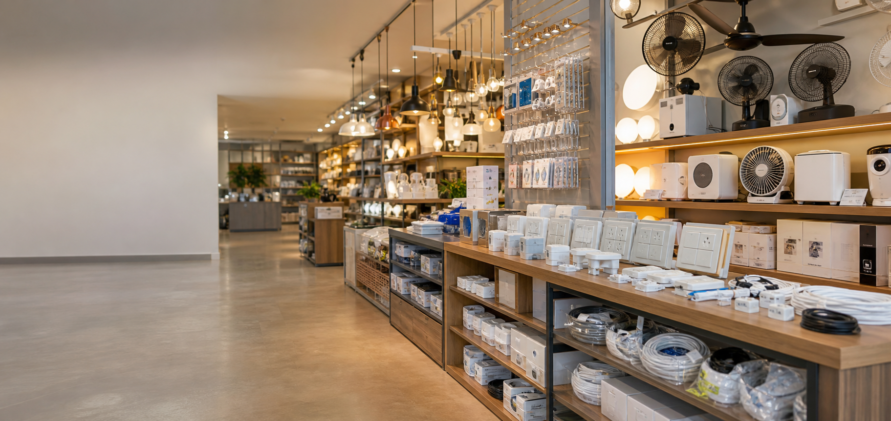 Retail aisle with home electrical products and consumer electronics